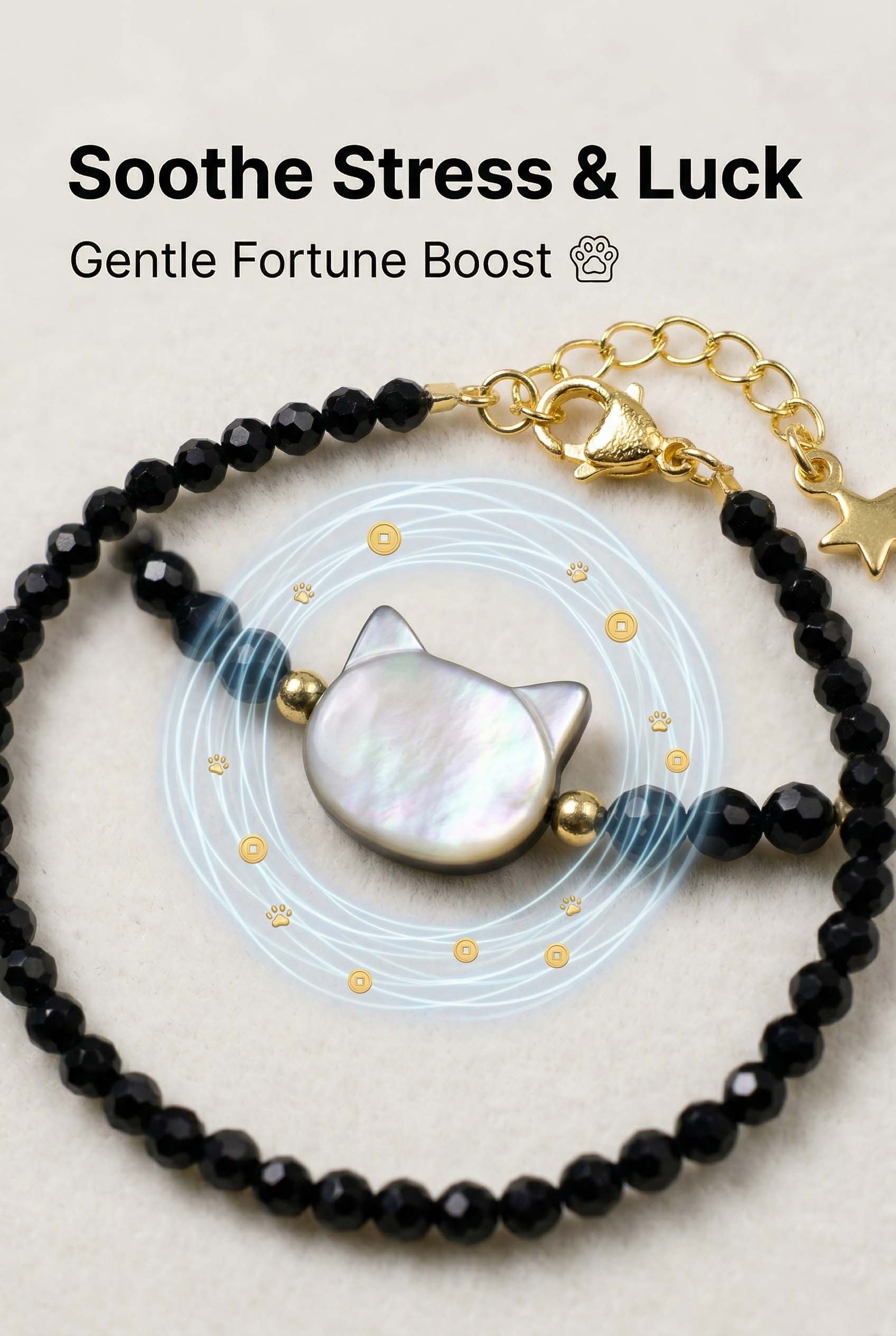 Black Crystal Bracelet with Cat Head Design for Women - Adjustable & Gift-Ready Lucky Fortune Cat