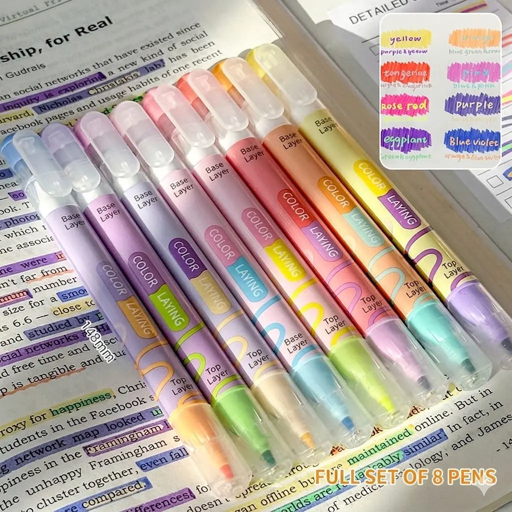 Color Layering Double Sided Markers, 8pcs 16 Colors Dual Tip Magic Markers, Broad and Fine Tips, Color Changing Washable Markers, Dry-Quickly Non-Toxic Pens for Bullet Journal, Coloring Books
