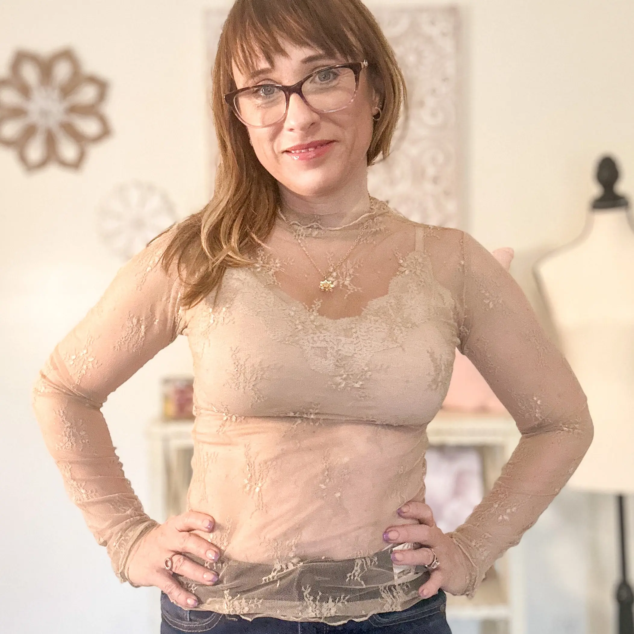 Floral Embroidery Lace Sheer Mesh Top - Nude