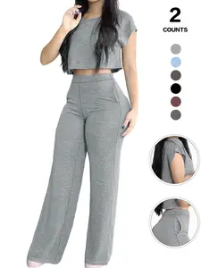 Sexy Crop Top & High Waist Wide Leg Pants Set, Short Sleeve Slim Fit, Summer Y2K Streetwear, Lengthen Legs, Casual Fitted Design