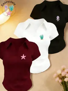 3 Pack Women's Ocean Embroidered Polo Shirts, Short Sleeve V Neck Slim Fit Tops, TikTok Viral Y2K Aesthetic Fashion Tees, Cute Jellyfish/Starfish/Seaweed Embroidery, Casual Summer Basic Blouses for Daily, Beach & Streetwear, Womenswear