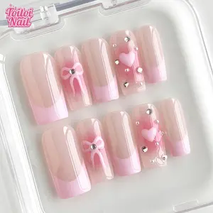 Pink Heart Press-On Nails | Medium Square Shape, 10pcs | Pink Heart Design | Sheer Nude Base, Pink Gradient, Sparkly Studded Rhinestone, Elegant Rhinestone Decorated | Reusable DIY Nail Kit | Nails for Spring, Summer, Dates