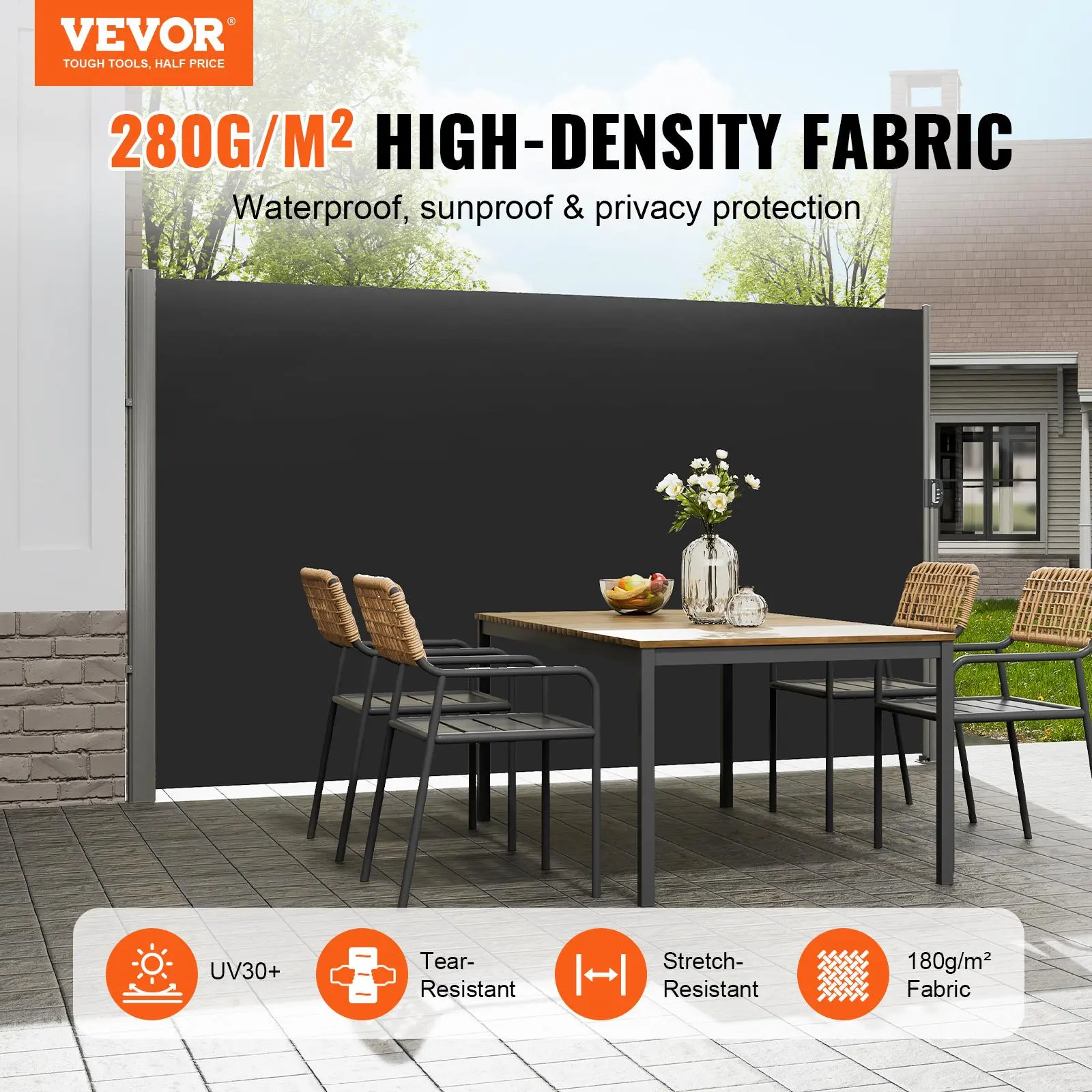 【summerfinds】VEVOR Retractable Side Awning, 71''x 118'' Aluminum Outdoor Privacy Screen, 280g Polyester Water-proof Retractable Patio Screen, UV 30+ Room Divider Wind Screen for Patio, Backyard, Balcony, Black