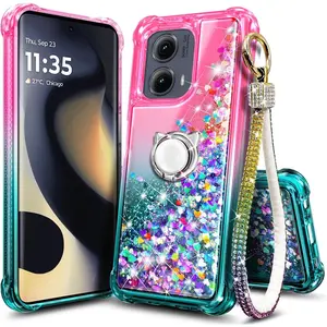 Case for Motorola Edge (2024) with Ring Holder/ Wrist Strap Lanyard, Sparkle Glitter Floating Liquid Waterfall Protective Cute Case for  Edge 5G 2024 (Pink/Aqua)