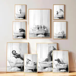Cute Safari Animals in Bathtub Bubble Bath Canvas Poster - Vintage Black & White Wall Art Prints for Bathroom Washroom Aesthetic Decor