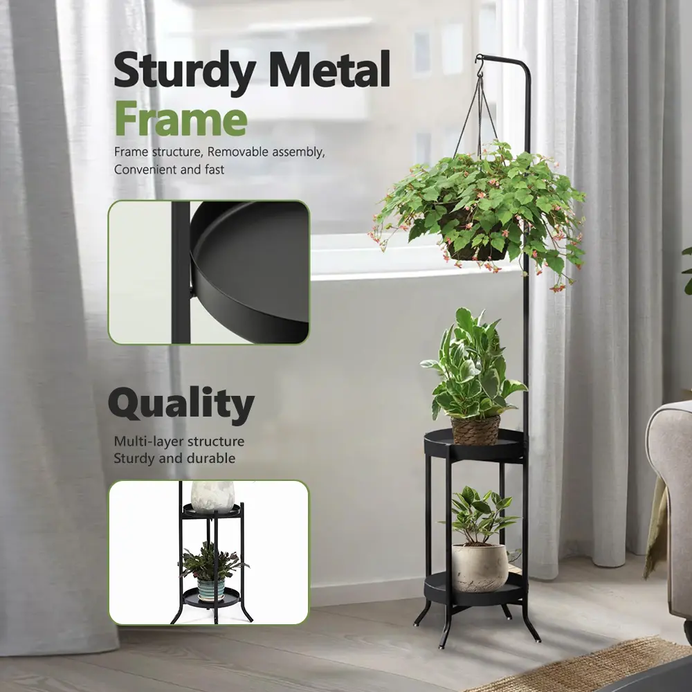2 Tier Plant Stand Metal Plant Shelf Indoor Outdoor, Tall Corner Hanging Plant  Shelf Metal Flower