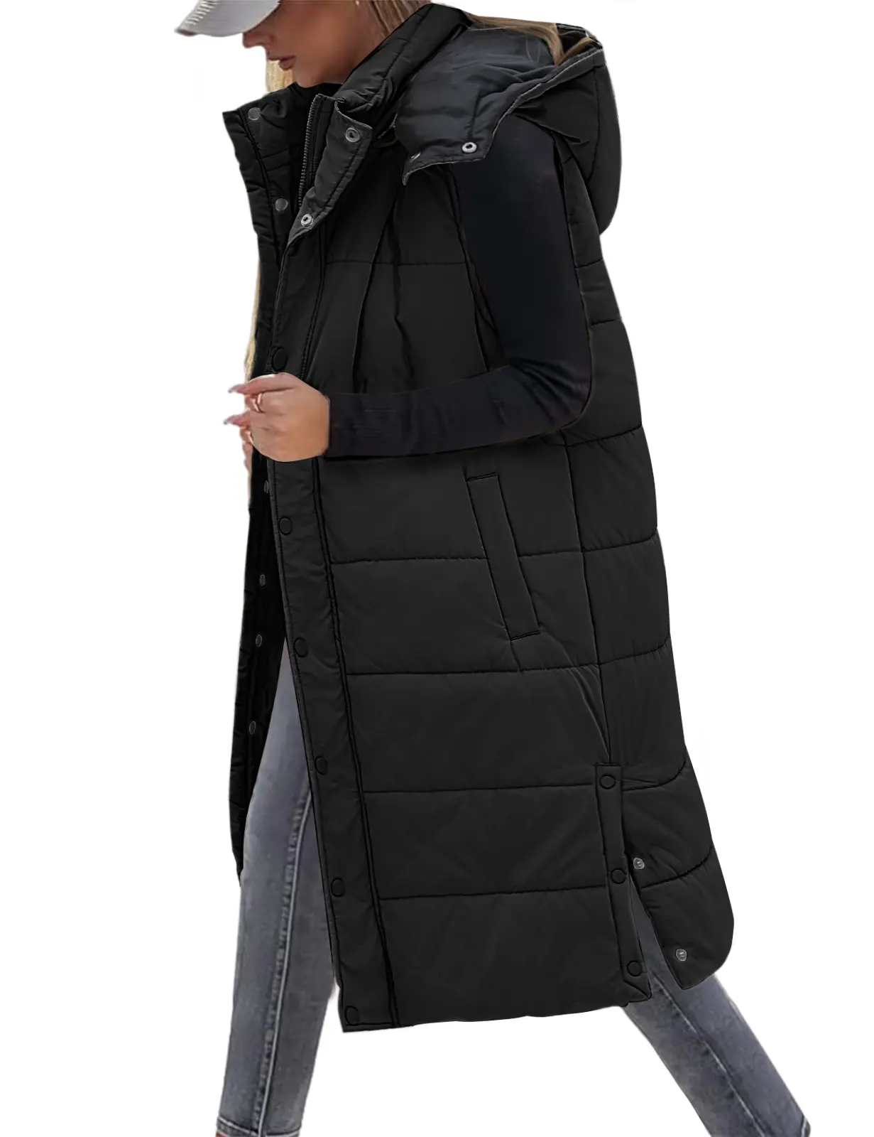 FASHORA Women Long Puffer Vest Detachable Hood Sleeveless Quilted Jacket Zip Up Button Down Winter Warm Gilet Coat