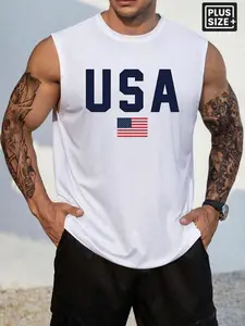 Men's Plus Size "USA" American Flag Print Sleeveless Muscle Tank Top, Casual Athletic Gym Tee for Summer, Workout, Daily Wear & Street Style, Sleeveless Workout Tops