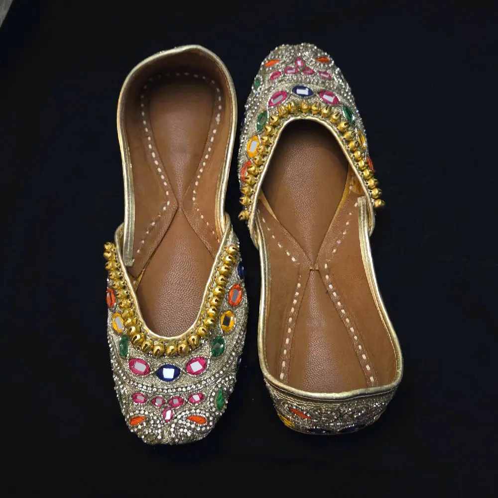 Punjabi Traditional Embroidered Shoes with Colorful Beads and Gold Trim for Women's Festive Wear