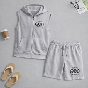 Men's Without God I Am Nothing Graphic Sleeveless Hoodie Shorts Set 2 Piece Outfit Christian Faith Print Zip Up Hooded Vest Drawstring Shorts Summer Casual Gym Workout Streetwear Breathable Lightweight Athletic Lounge Set