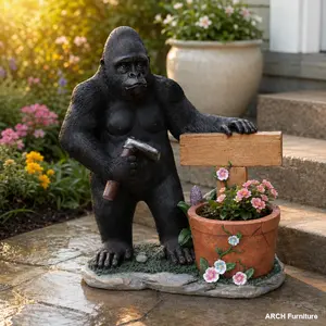 ARCH Chimpanzee Gorilla Statue Flower Pot Planter - Outdoor Garden Sculpture, Unique Garden Accents, Home Improvement Ornament WL