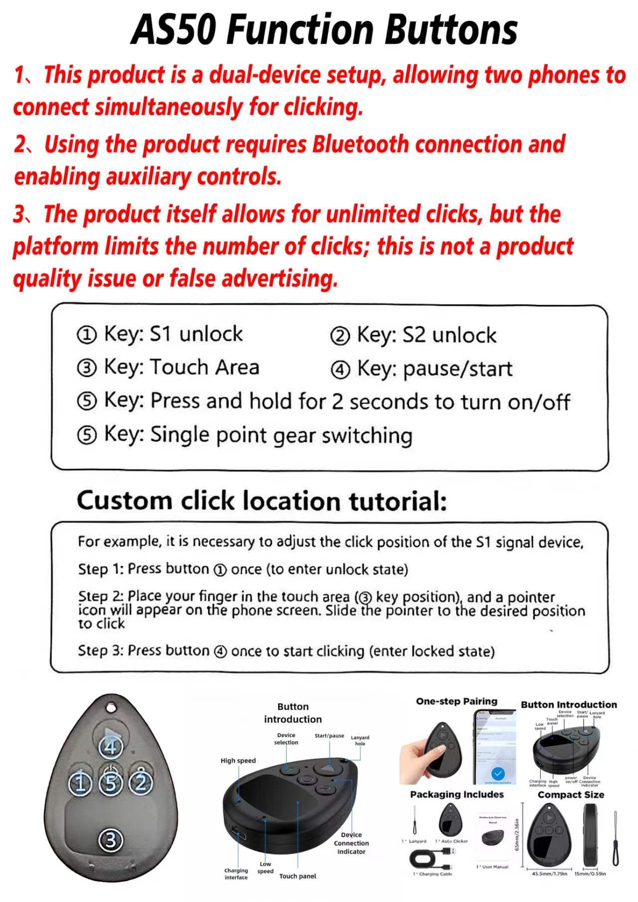 Bluetooth Wireless Auto Clicker Adjustable Speed Silent Screen Tapper Built-in Battery Hands Free Click Tool for Live Like Game Task