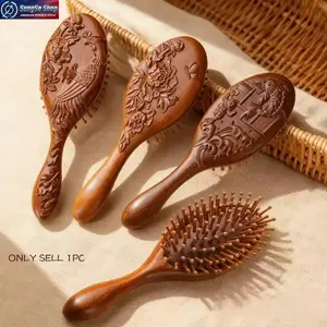 1Pc Natural Wooden Massage Hair Comb - 2026 Trend Exquisite Phoenix Koi Floral Carved, Anti-Static Scalp Care Tool for Women - Detangling, Styling & Gift Idea (DIY Bag Accessories Category)