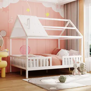 Full size Beds Frame with Rails, Wood Bed Frame, Full Size House Bed, Wood Playhouse Full Bed Frame with Roof for Living Room Bedroom,No Box Spring Need,White