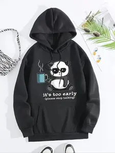 【Plus Size】 Cartoon Panda Print Drawstring Pocket Hoodie, Casual Drop Shoulder Long Sleeve Hooded Sweatshirt, Women's Fall & Winter Clothes