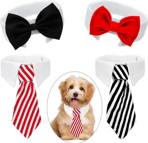 Pet Bow Ties & Neckties 4-Pack for Small & Medium Pets Adjustable Cotton Polyester Collar Set in Black Red Pink Blue Gray