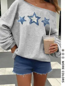 Women's Star Pattern Fitted Pullover, Casual Fashion Long Sleeve Sweatshirt for Daily Wear, Ladies Clothes for All Seasons