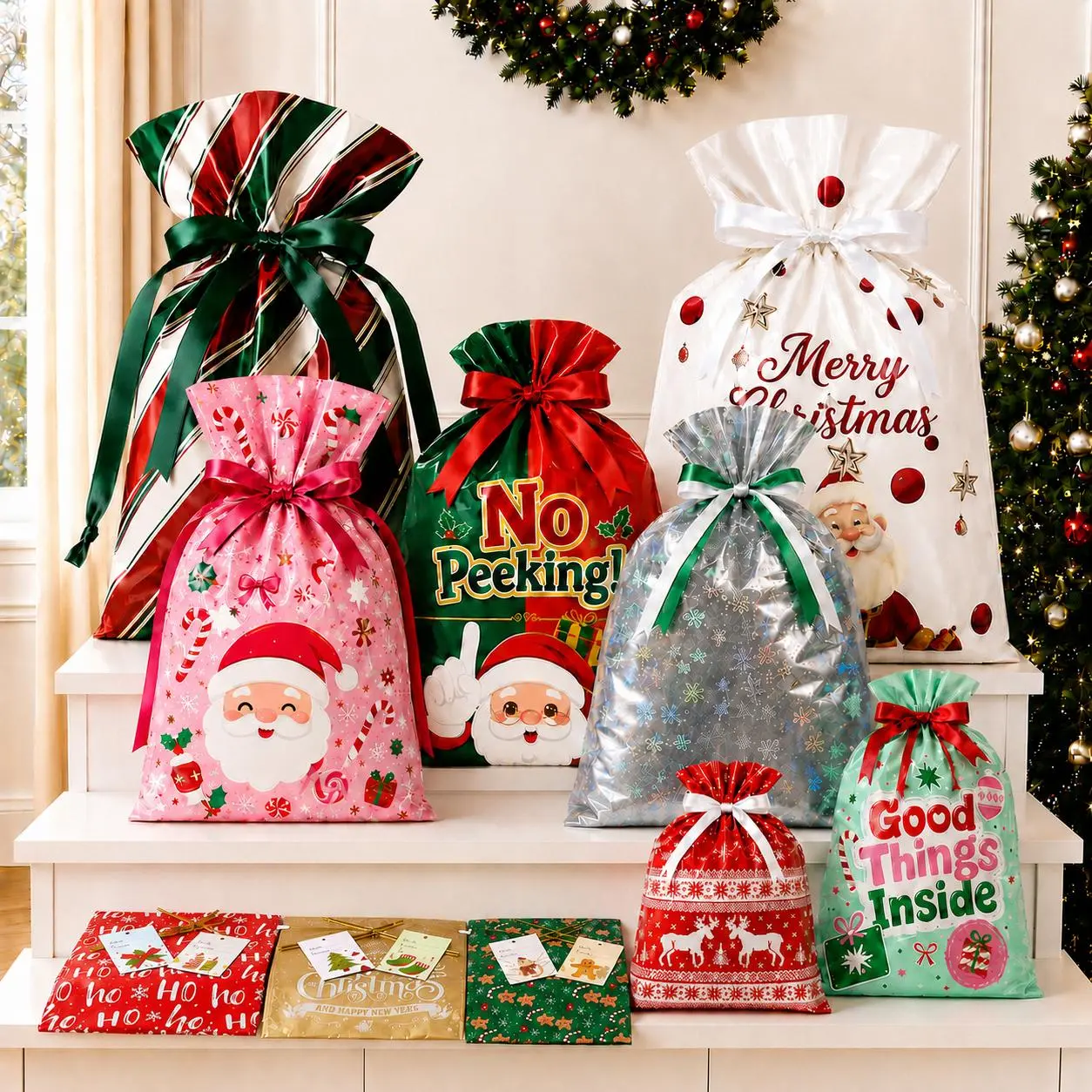55PCS Christmas Gift Bags & Tags Set, 25 Drawstring Christmas Wrapping Bags in 5 Assorted Sizes with 30 Gift Tags, Quick Pull-Tie Holiday Gift Bags for Presents, Parties & Christmas Gifting