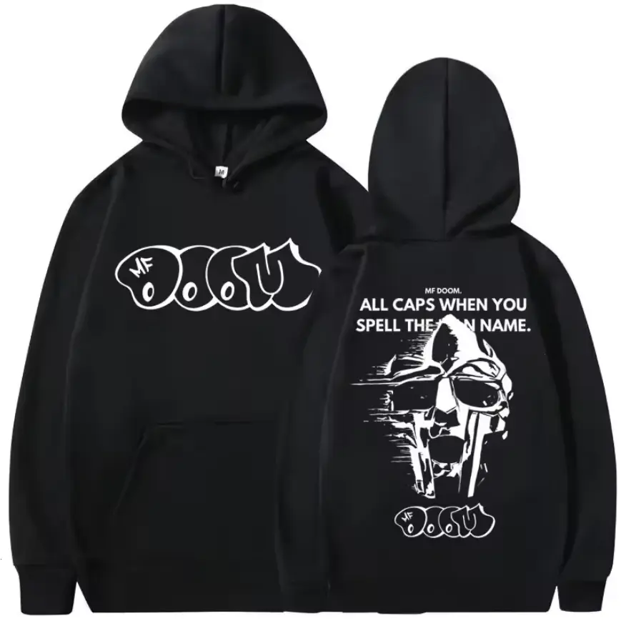 MF DOOM & Madlib Hoodie Featuring Madvillain Metal Mask Design in Retro Hip-Hop Style