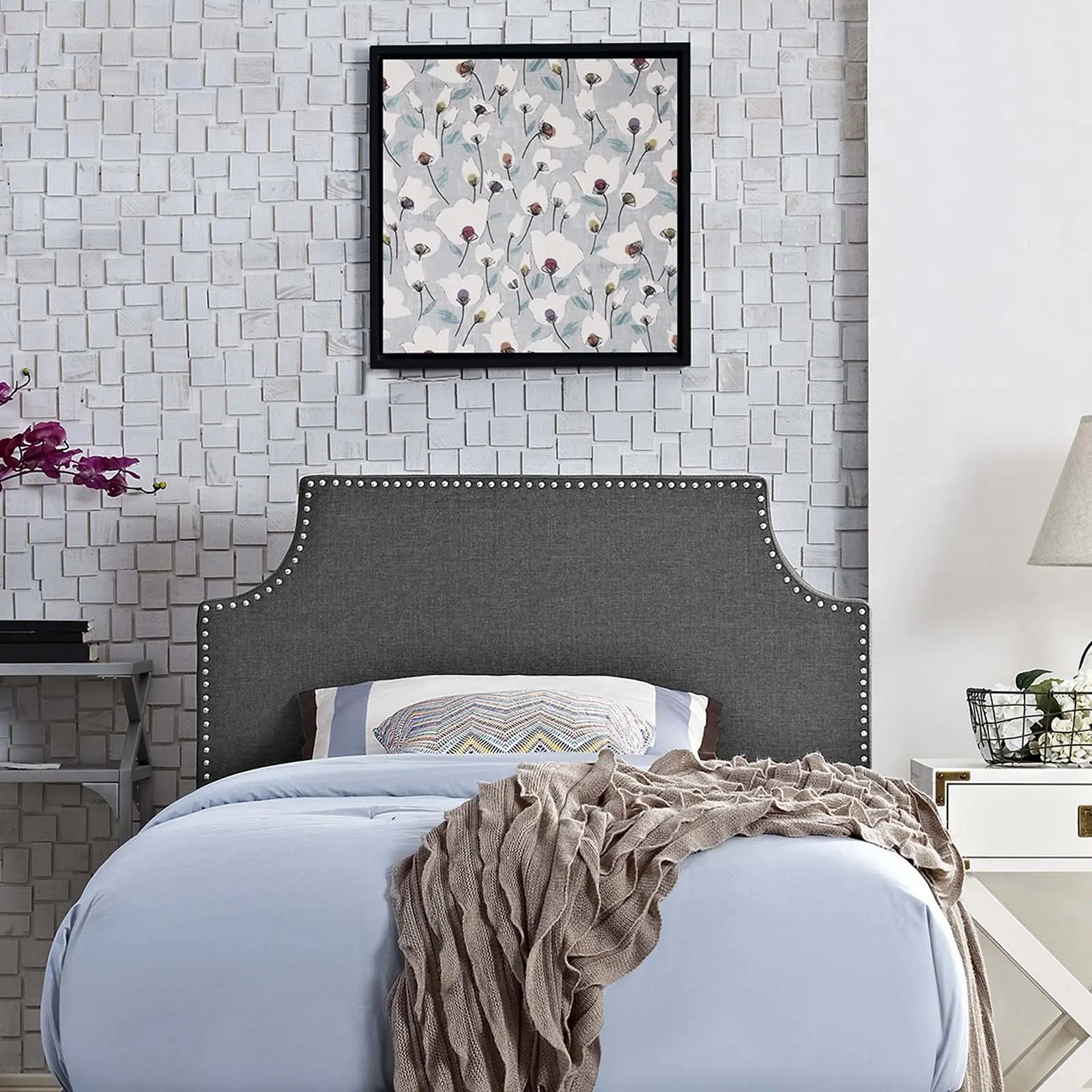 Modway Laura Twin Upholstered Soft Linen Headboard with Adjustable Solid Wood Frame, High Density Foam Headboard in Gray