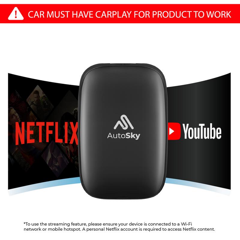 AutoSky Ai Box Lite Air - Wi-Fi and Bluetooth Connectivity, For iPhone & Androids, Requires Wired Apple CarPlay, Expandable Storage with Youtube & Netflix