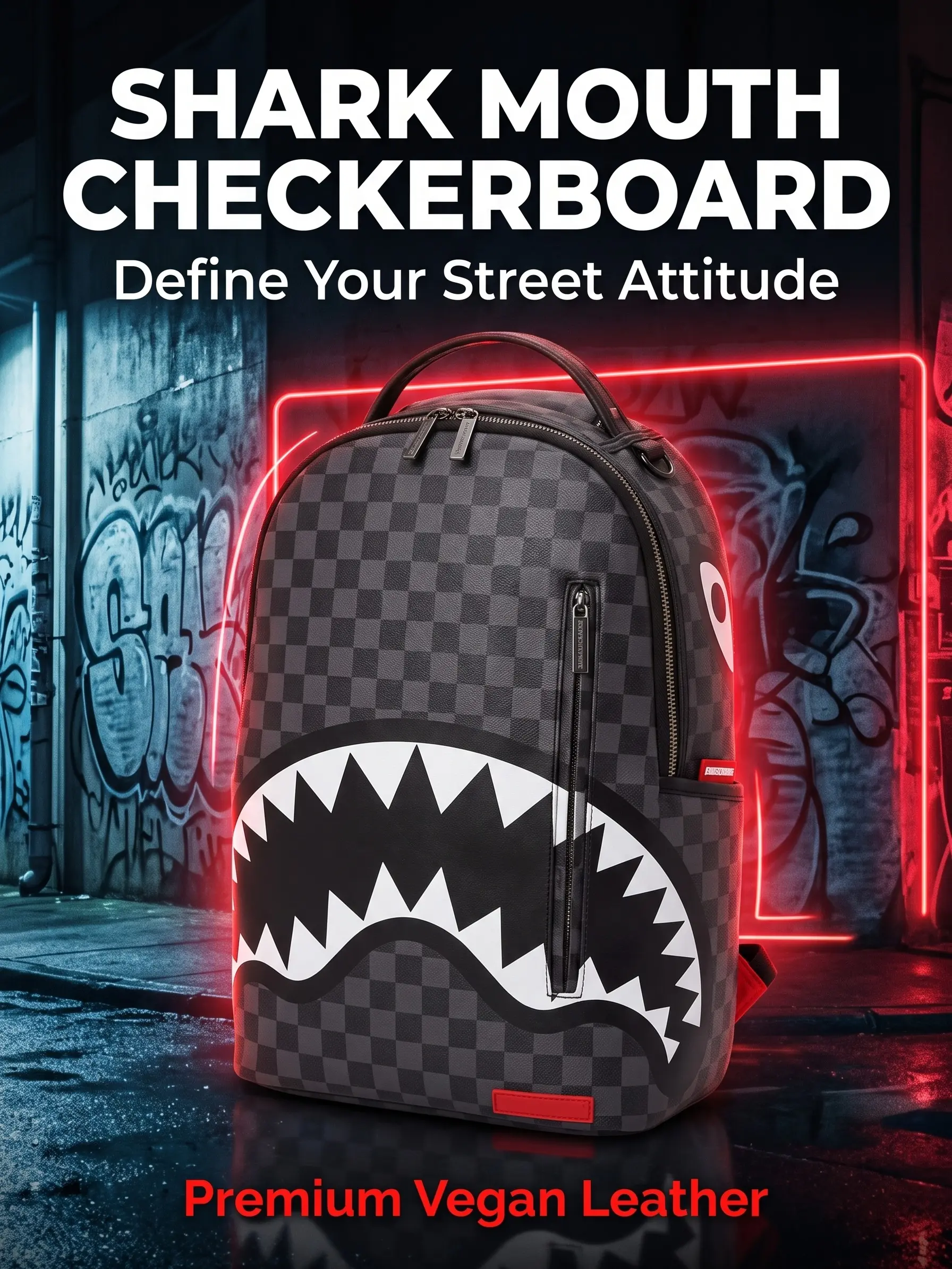 SG Double Shark-Mouth Checkerboard Backpack, Spacious Durable PU Daypack for Men, Streetwear Hip-Hop Urban School & Travel Gym Bag