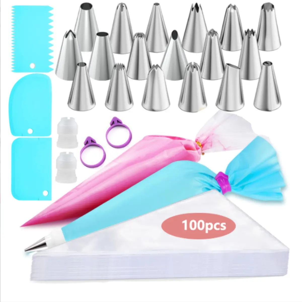 Stainless steel piping tip baking tool set, disposable piping bags, cake decorating and buttercream piping tools
