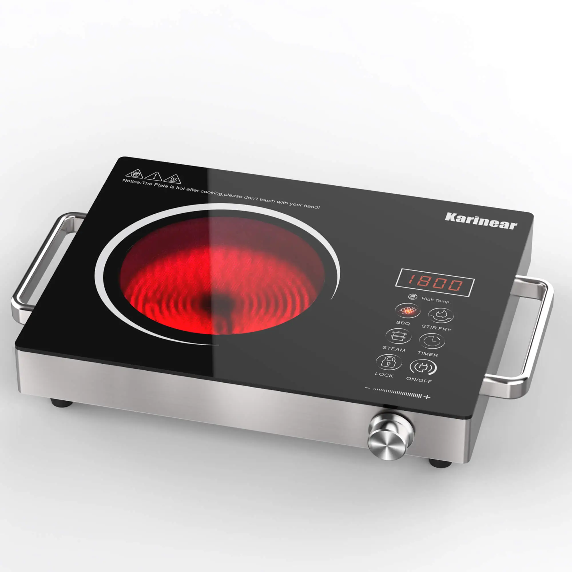 Karinear Portable Electric Stove 1800W Electric Hot Plate with Handle, Knob Control Countertop Infrared Cooktop,Timer, Child Safety Lock. 9 Power lev