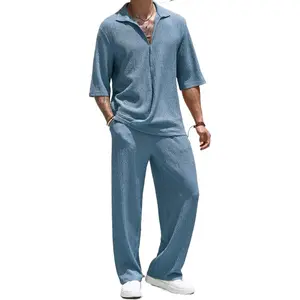 Men's summer casual solid color short sleeved shirt+long pants men's two pieces