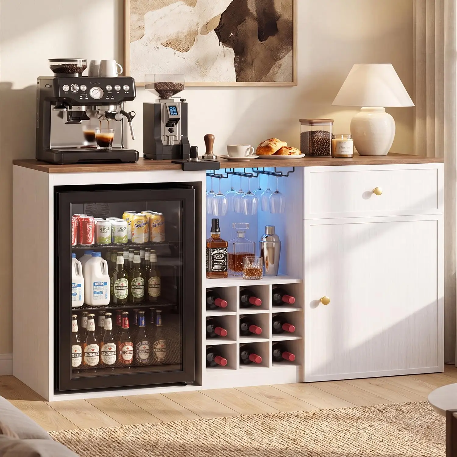 HAUOMS Coffee Bar Cabinet with Fridge Space, 55.2" Home Wine Bar| Power outlets, LED lights, coffee bar with storage drawer, buffet sideboard with wine rack, 20.1"D x 55.2" W x 36.2"H