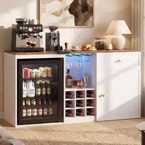 HAUOMS Coffee Bar Cabinet with Fridge Space, 55.2" Home Wine Bar| Power outlets, LED lights, coffee bar with storage drawer, buffet sideboard with wine rack, 20.1"D x 55.2" W x 36.2"H