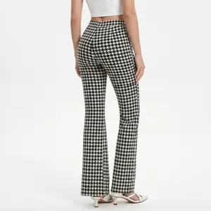 CQQNBV Women's Graphic Houndstooth High-Waisted Flare Pants, Soft Stretchy Wide-Leg Crop Bottoms, All-Season Comfortable Womenswear for Work & Office Outings