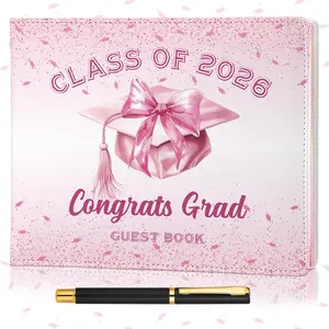 Bow Graduation Guest Book Class of 2026 Party Decorations Leather Graduation Guest Signature Party Sign  with Pen, 112 Pages(Class of 2026)