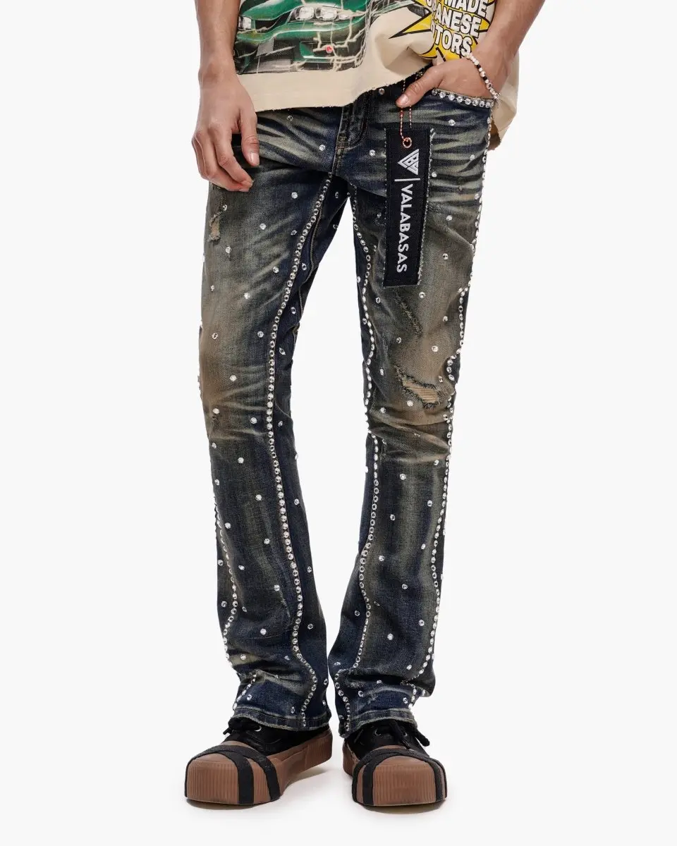 Stacked Fit Menswear Jeans in a Vintage Blue Wash - Distressed Cotton Spandex Denim with Rhinestone Accents, Stretch, Wash Effect, Studded Detail, Multi-Size
