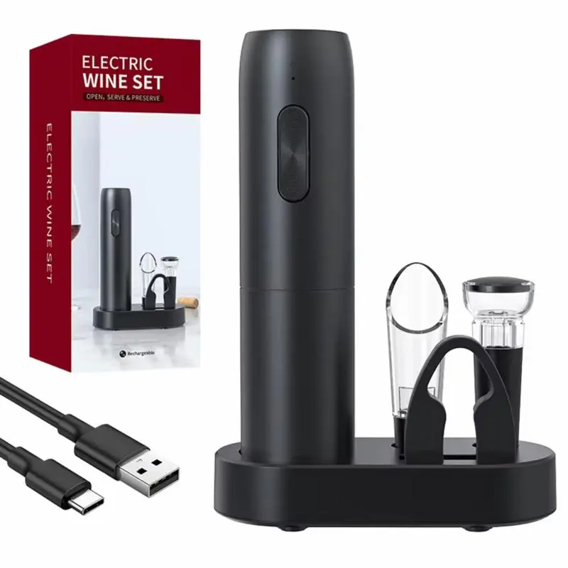 Stainless Steel Silver Modern Solid Electric Wine Bottle Opener Set - Cordless USB-C Charging Wing Corkscrew JK, Ergonomic Compact Shape, Pain-Free Easy Operation, Portable Vacuum Kitchen Gadget, Gift-Ready for Dinners, Birthdays
