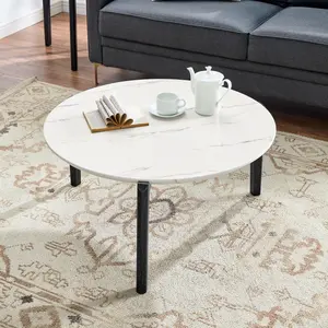 Living Room Coffee Table: Modern and stylish 36 inch round small coffee table, imitation marble tabletop with rubber wood solid wood legs, wooden coffee table, living room, office, home