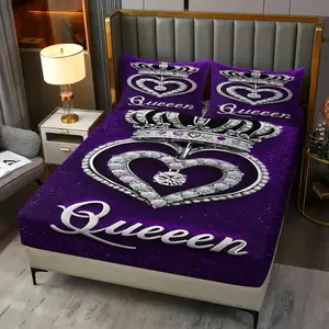 Luxurious Deep Purple Fitted Sheet Set,Diamond-Studded Crown and Heart-Shaped "Queen" Print Bedding Set,Durable Soft Microfiber Bedding,Creating Sophisticated Bedroom Atmosphere,Bed Sheets.3Pcs Includes Two Pillowcases (Pillows Not Included)