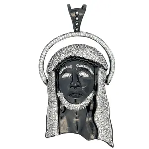 Large Black Jesus Halo CZ Iced Out Pendant