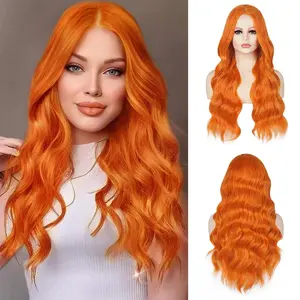 Woolook HAIR 28-inch Orange Middle Part Synthetic Wig U-shaped Elastic Net Comfortable Breathable High Temperature Heat Resistant for Women Daily Party Use