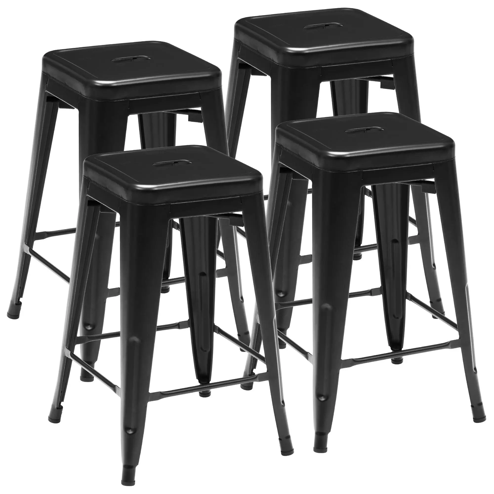 Industrial Bar Stools Set of 4, 24 Inch Metal Counter Height Stools with Backless Design, Rust-Proof Stackable Stools for Kitchen Outdoor Patio, No Assembly Needed