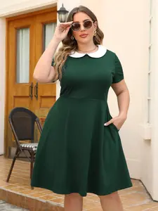Plus Size Plain Pocket Collared A Line Dress, Elegant Casual Short Sleeve Dress for Party Dating Daily Wear, Women's Plus Clothing for Summer， Dress for Dating， Plus Size Dress