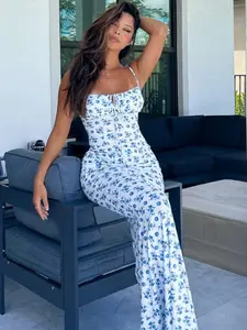 90S Floral Print Adjustable Tie Strap Mermaid Maxi Dress, Ruched Bust Keyhole Front Bodycon Dress, Sleeveless Slim Fit Floor-Length Dress for Women, Chic, Perfect for Vacation, Beach, Party & Date Night, Trendy Retro & Coquette Style