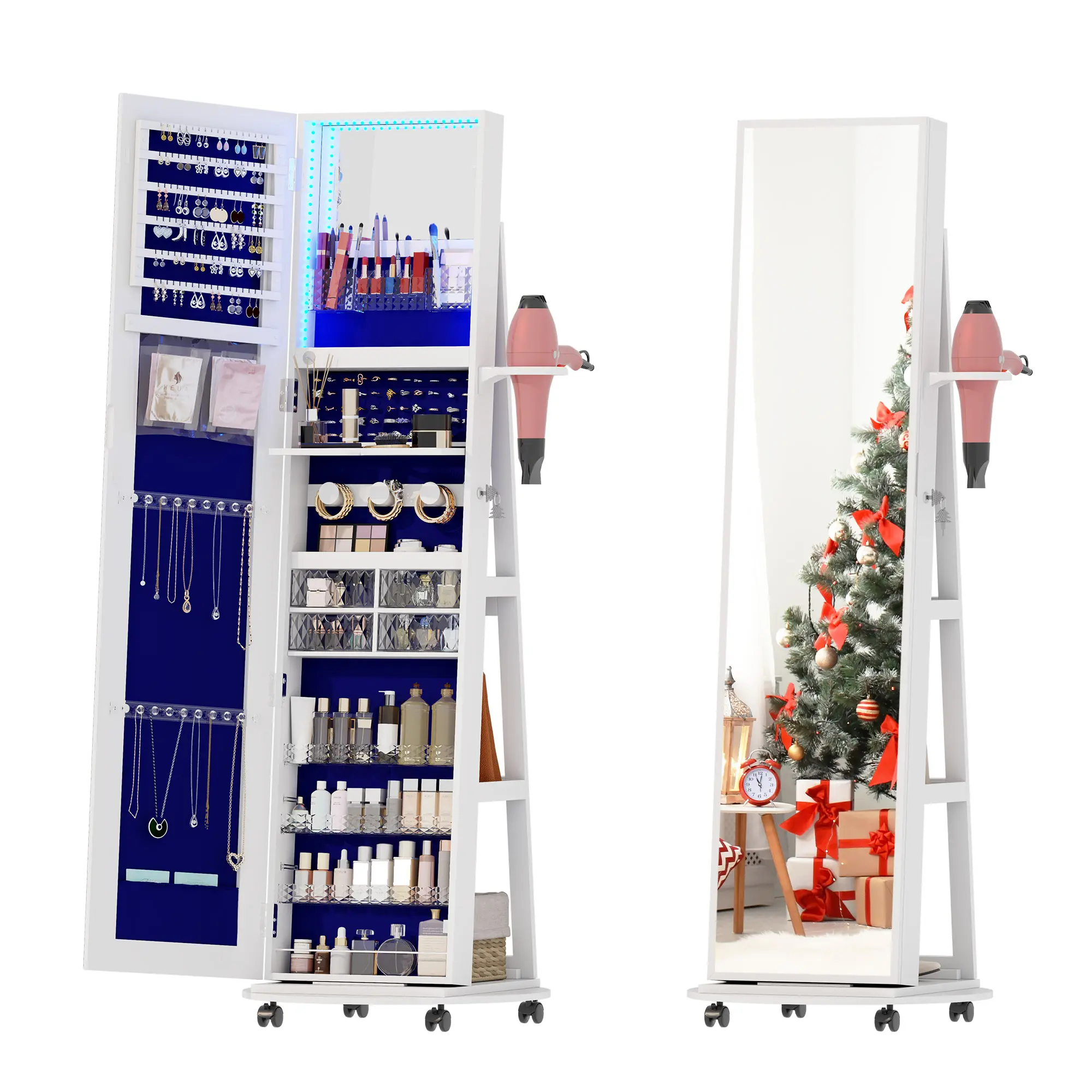 Vlsrka 360° Swivel Jewelry Armoire with Mirror, LED Mirror Jewelry Cabinet Standing, Full Length Mirror with Jewelry Storage, Standing Jewelry Organizer/Lockable Wheels/Foldable Makeup Shelf
