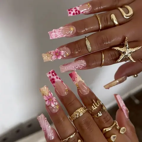 24pcs Gradient French Print Press-On Nails, Long Square Glossy Fake Nails, 3D Flowers, Seashells, Gold Starfish, Reusable Nail Set, Nails Press Ons