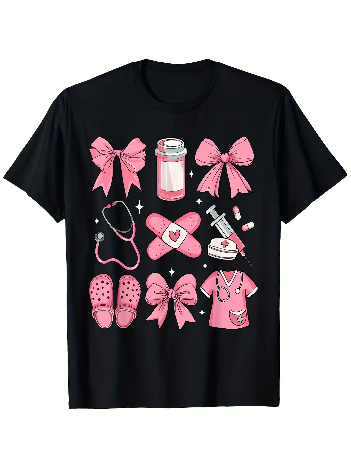 Pink Coquette Nurse Medical Elements Bow Stethoscope Scrubs Croc Unisex Crew Neck Graphic T-Shirt For RN CNA PCT