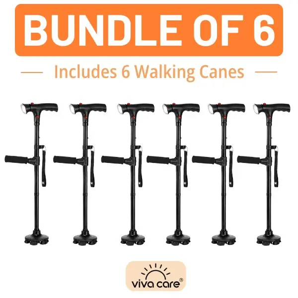 VIVA CARE Walking Stick with LED Light & Alarm Bundle of 6 – Lightweight, Foldable, Adjustable, Quad Base, Size L