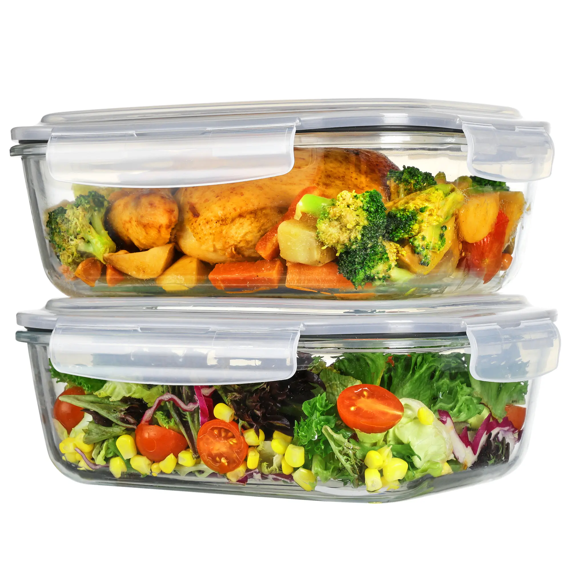 Vtopmart 2Pack 2.26L Large Glass Food Storage Containers，Multi-Size 2.26L /18 Pack Combo Stackable Airtight, Leakproof, BPA-Free, Oven-Safe, Microwave Reheat, Reusable Silicone Stretch Lids, Rectangle/Square for Meal Prep, Fridge Organization