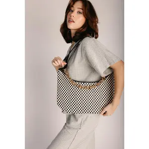 The Sienna Slouchy Woven Shoulder Bag in Black Checkered