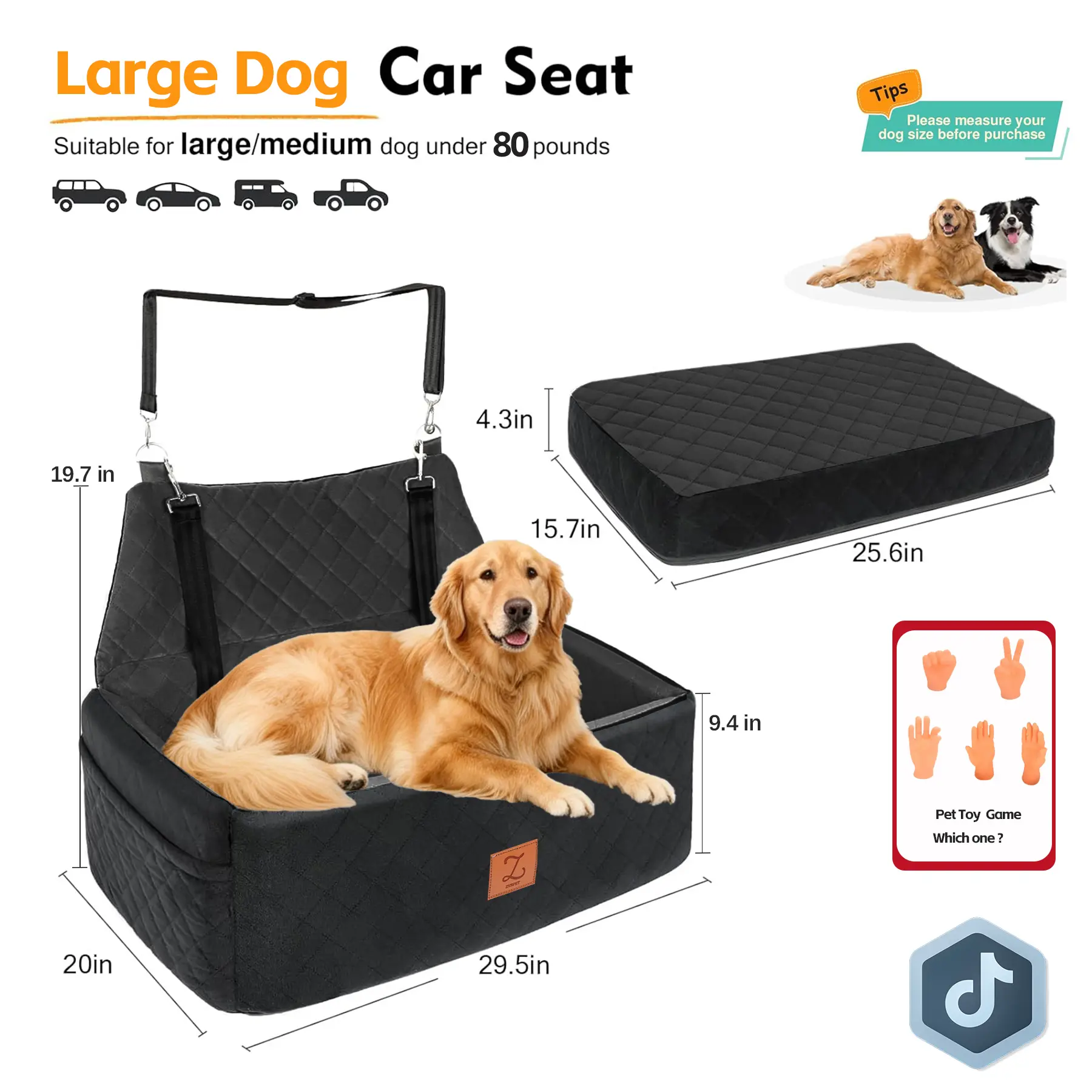 ZVRpet 2-in-1 Pet Car Seat All Black Double Car Dog Bed for Back Seat  29.5”  Holds 1 Large Dog (up to 65 lbs) or 2 Small-Medium Dogs Comfortably Includes 2 Leashes