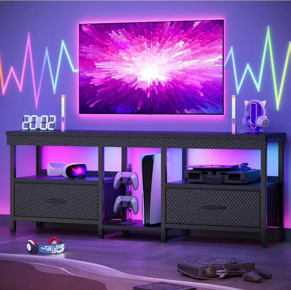 LED TV Stand Entertainment Center for TVs up for 55 60 65 inch TV Console Table with 2 Storage Drawers,Carbon Fiber Black